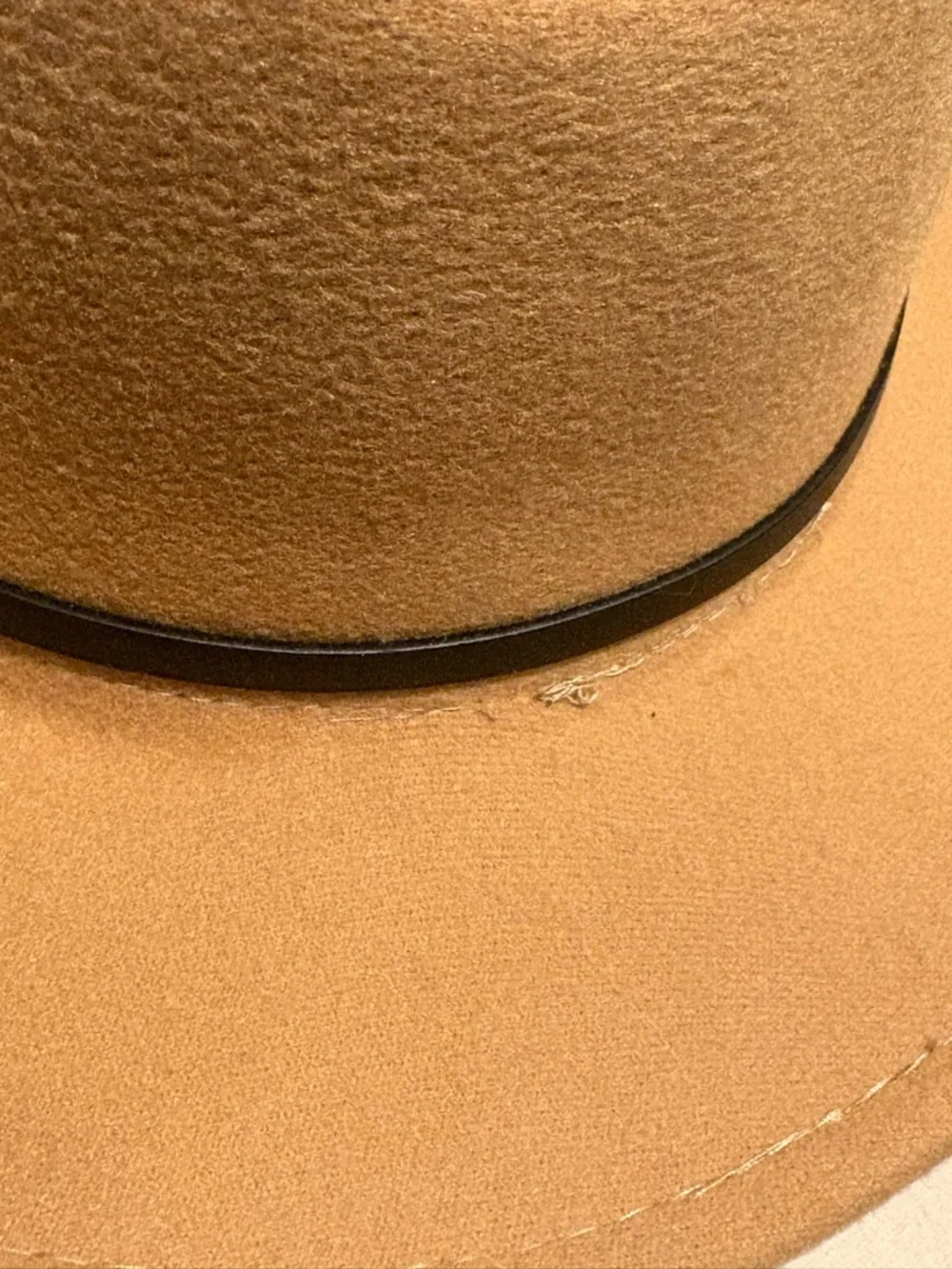 Camel Wide Brim Fedora Hat Tan Felt Panama Style with Buckle Belt Detail